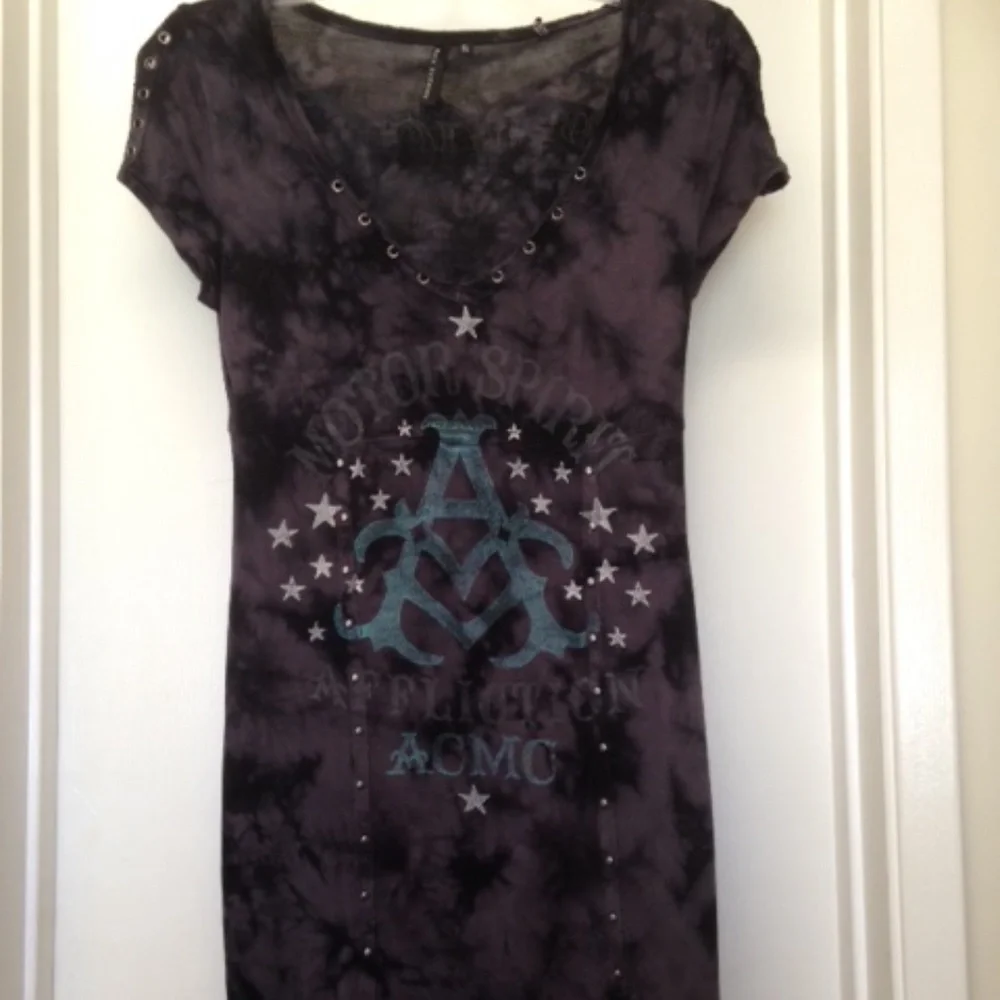 Affliction Black Premium V Neck Mini Dress Studs Rivets Stars - Picture 2 of 12